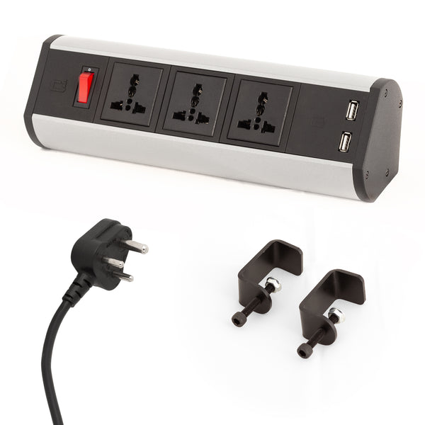 Desk Clamp Power Console | 3 Sockets & 2 USB